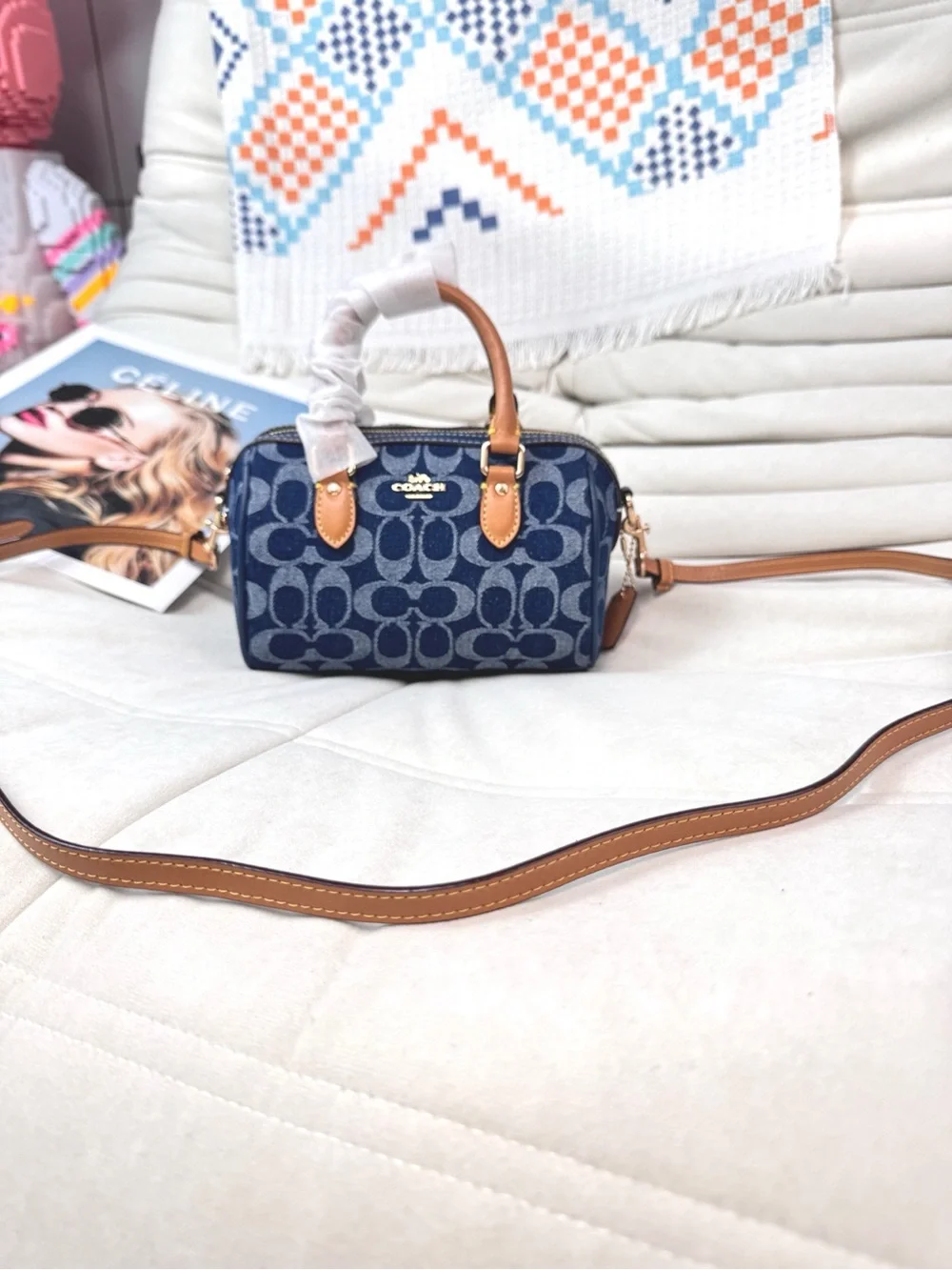 Coach Mini Satchel in Navy Signature Canvas with Tan Leather